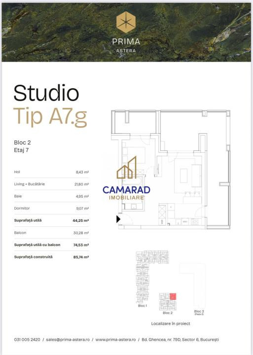Prima Astera - 2 camere tip studio - Metrou - Terasa 30 mp